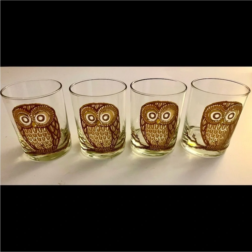 Authentic Georges Briard Signed Vintage Retro Owl Double Old Fashion Glasses x4
